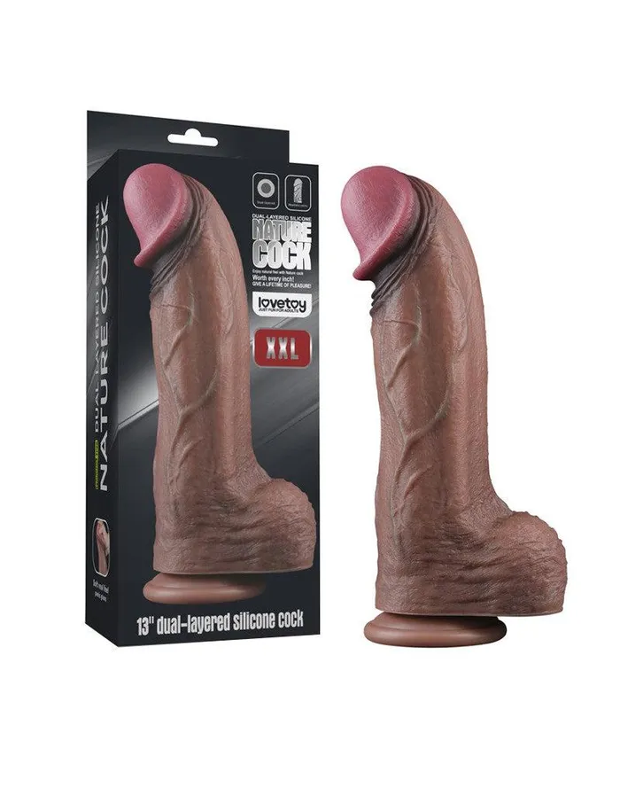 Lovetoy Dildos | LoveToy - Dubbellaags Siliconen Dildo XXL - Lengte 33 cm - Diameter 5,5 cm - Bruin