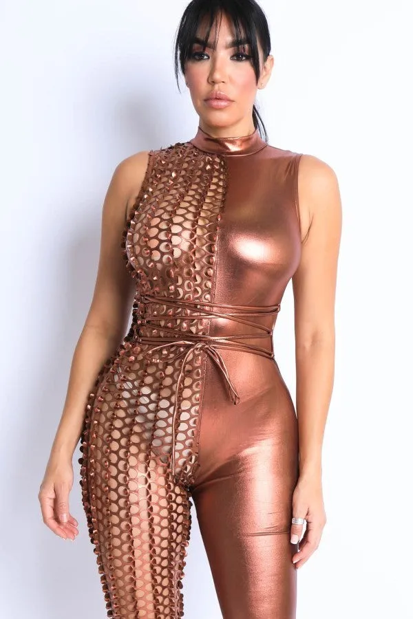 Vibrators | Intimate Play Metallic Laser cut lame mixed jumpsuit
